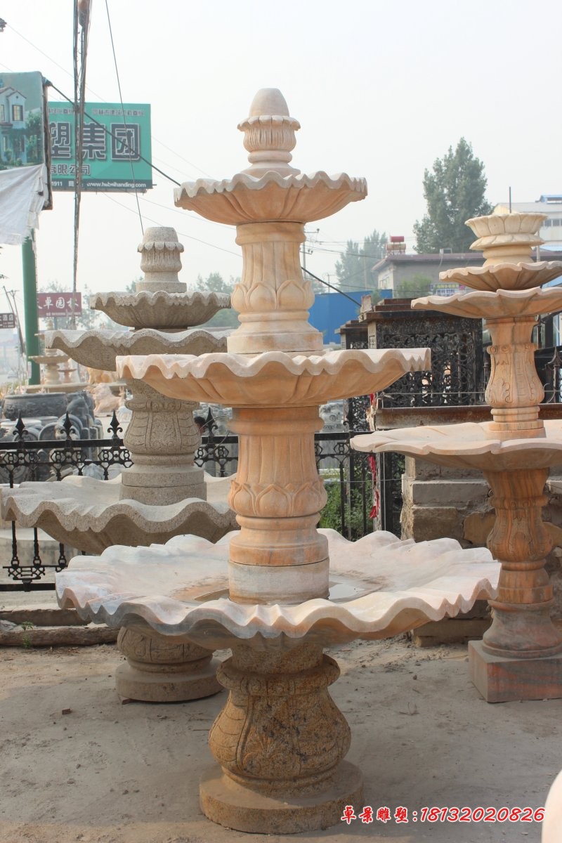 三层跌水盆雕塑晚霞红喷泉石雕 