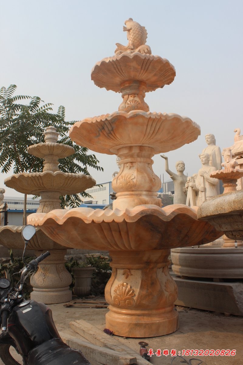 三层跌水盆雕塑晚霞红喷泉石雕 