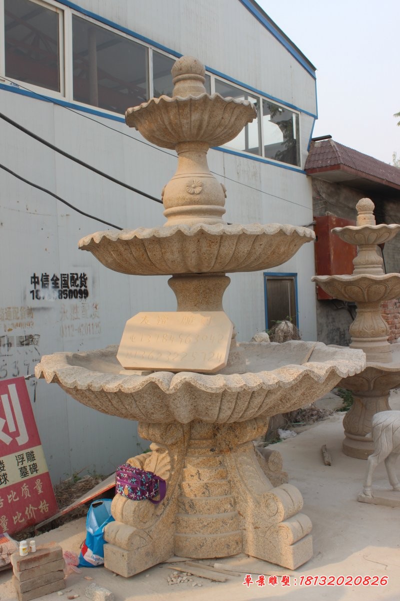 三层跌水盆雕塑晚霞红喷泉石雕 