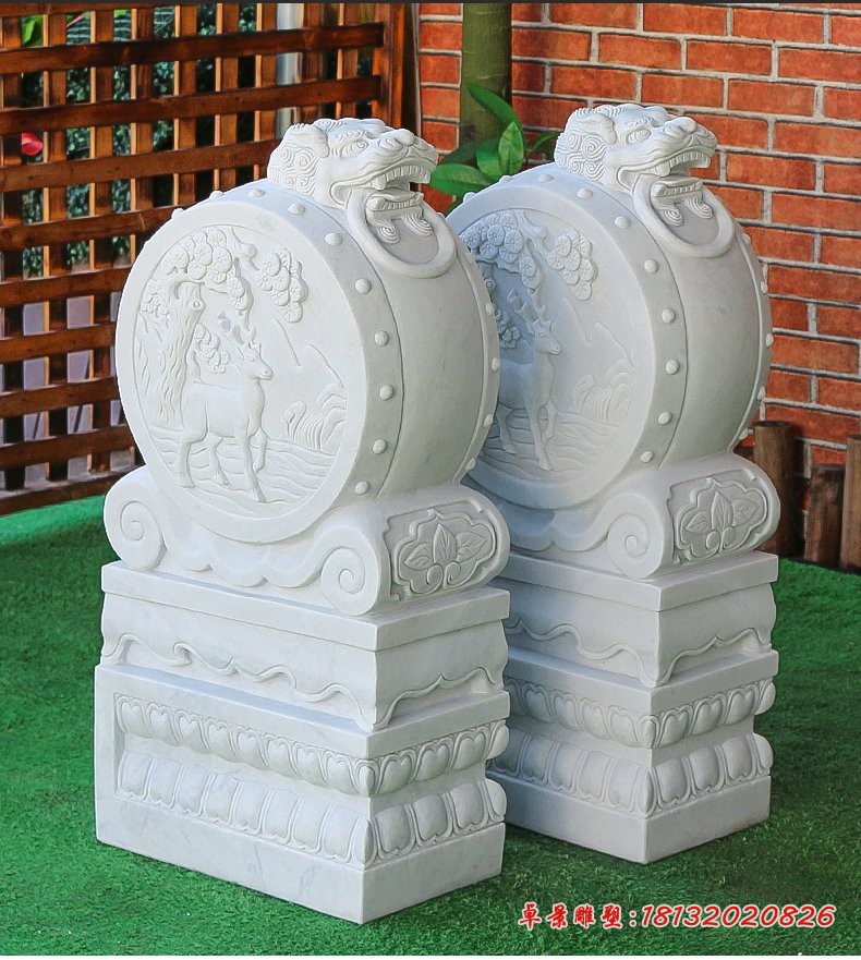 狮子头仿古门口石鼓，汉白玉石门墩