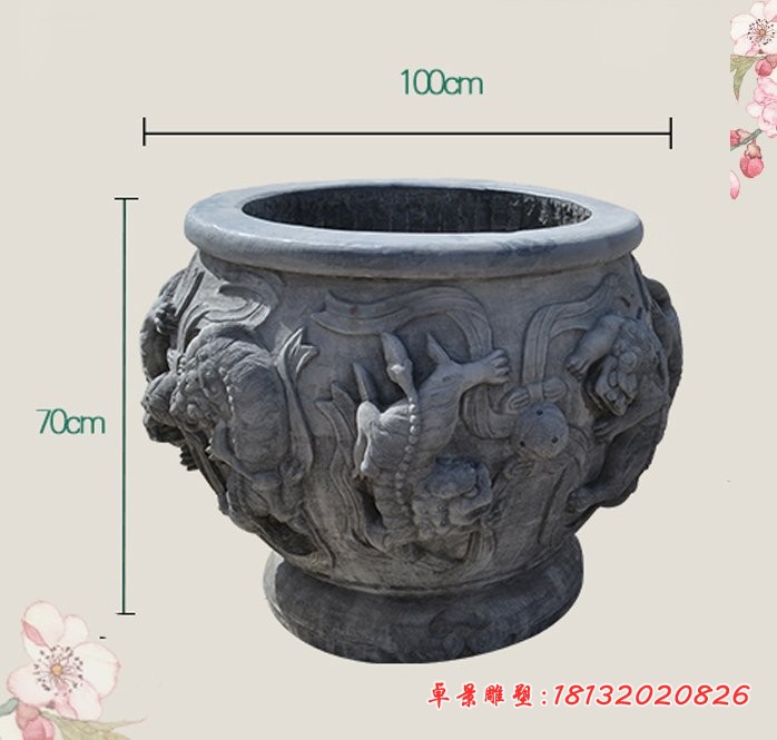 狮子戏绣球浮雕水缸，仿古景观石雕
