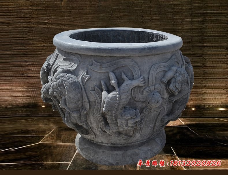 狮子戏绣球浮雕水缸，园林景观石雕