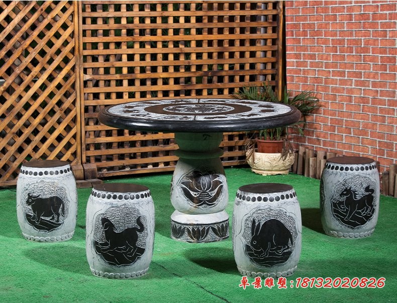 十二生肖石圆桌，酒店摆件石雕