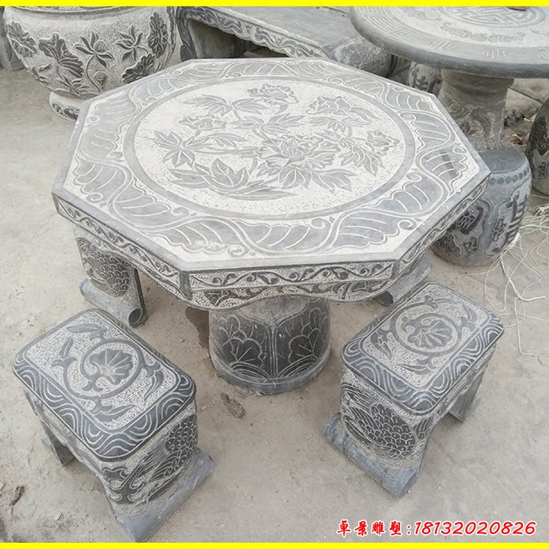 八角石桌凳雕塑，园林景观雕塑