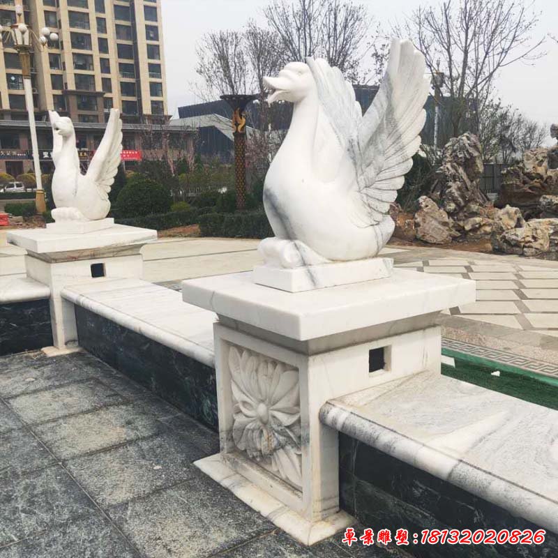 石雕喷水天鹅汉白玉花园广场小区流水花钵水池动物雕塑景观摆件96807