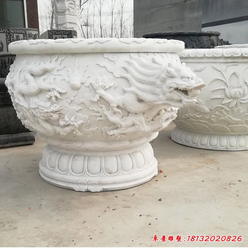 大理石龙浮雕花盆  石雕公园景观摆件 (1)