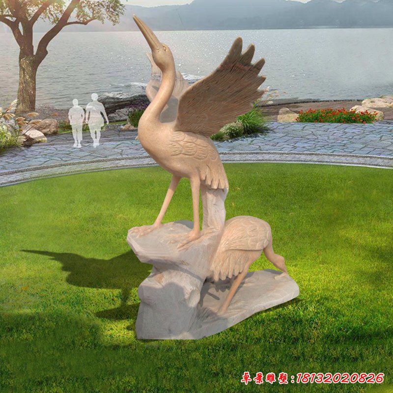 晚霞红飞翔仙鹤   石雕公园动物雕塑