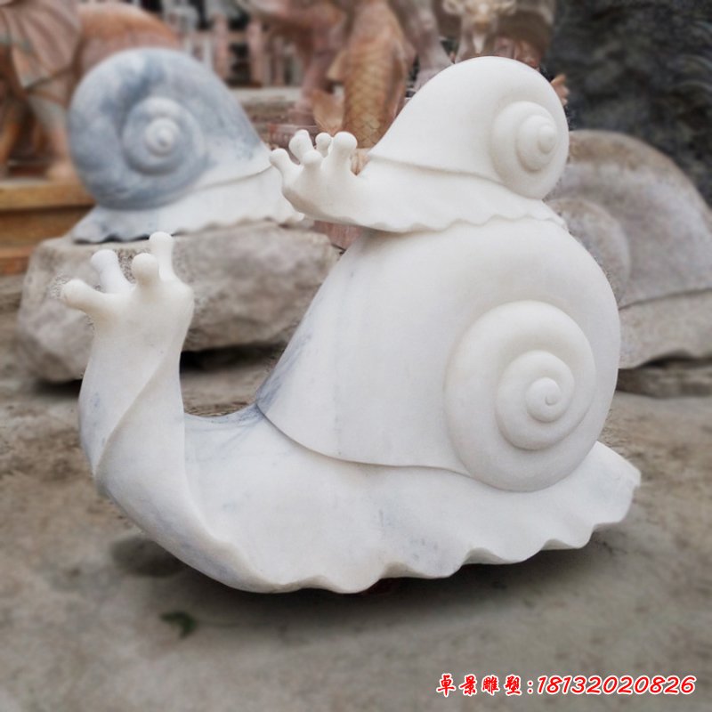 母子蜗牛石雕，汉白玉动物摆件