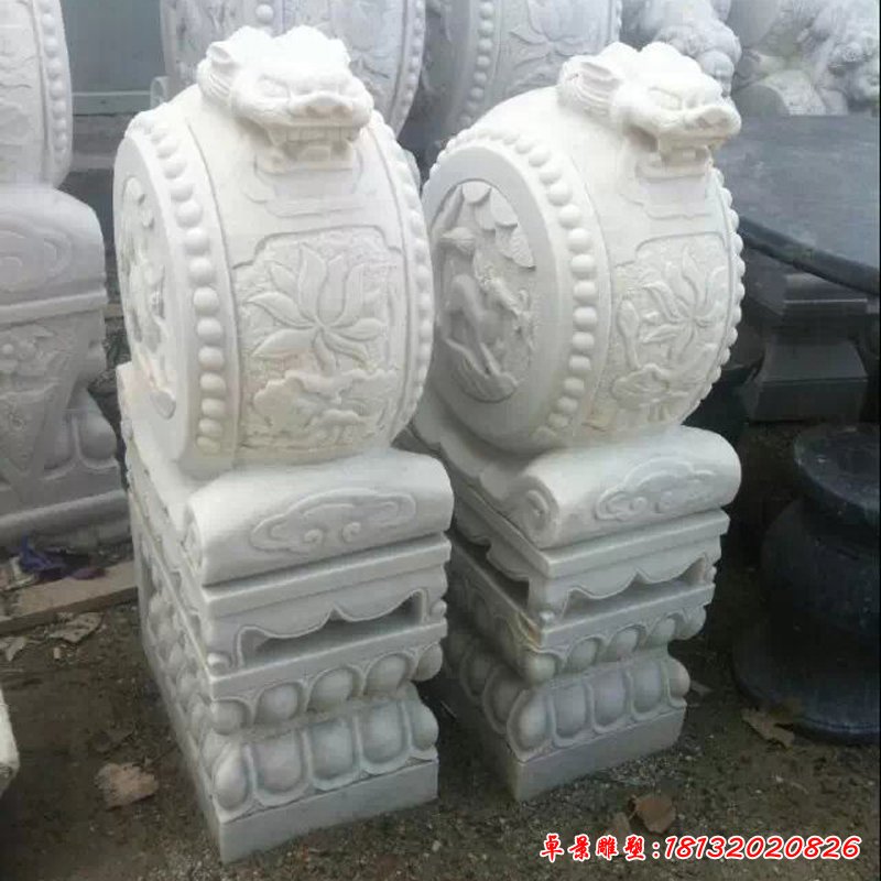 汉白玉石抱鼓，汉白玉狮子门墩 (3)