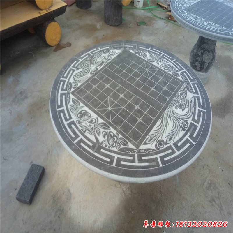 棋盘浮雕石桌凳 公园青石圆形桌凳石雕 (2)
