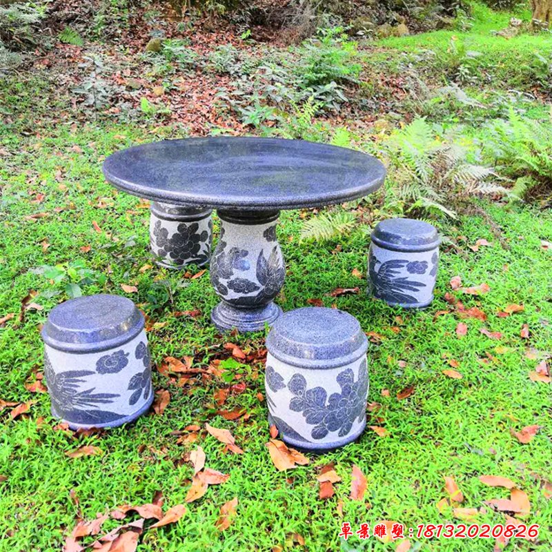 凤凰牡丹浮雕桌凳，公园石雕圆桌凳 (2)