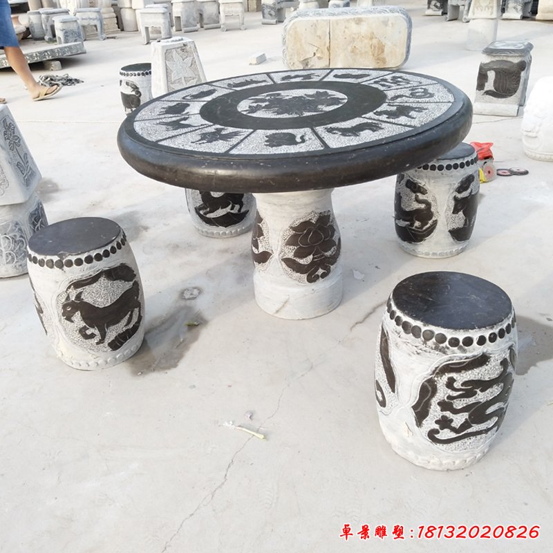 十二生肖浮雕圆桌凳 庭院圆形桌凳石雕