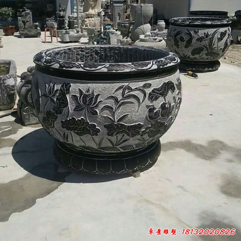 鲤鱼荷花浮雕水缸 青石仿古水缸石雕 (5)