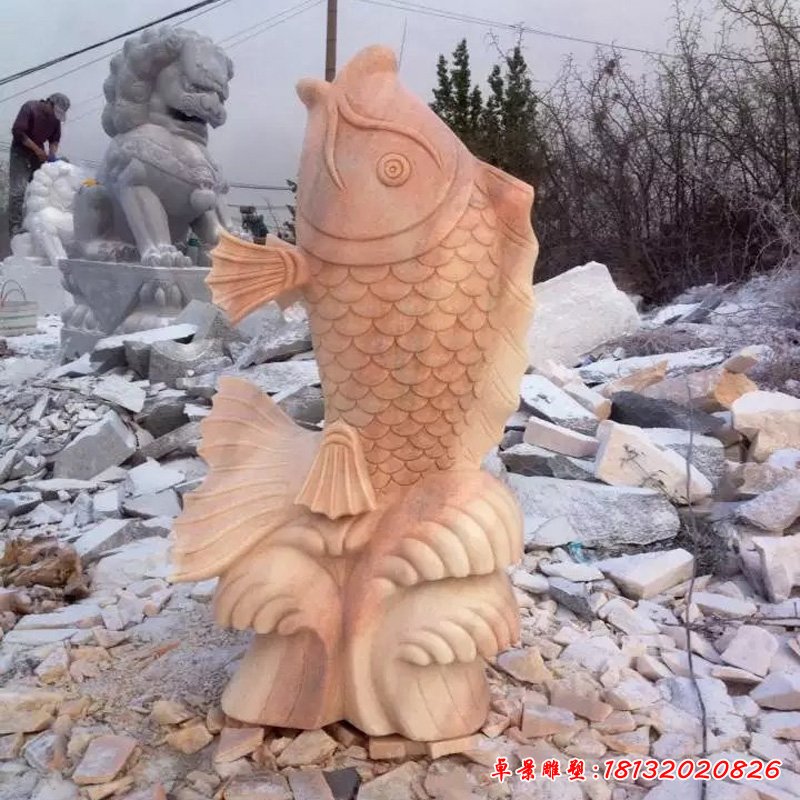 喷泉鱼石雕，晚霞红石雕鱼 (6)