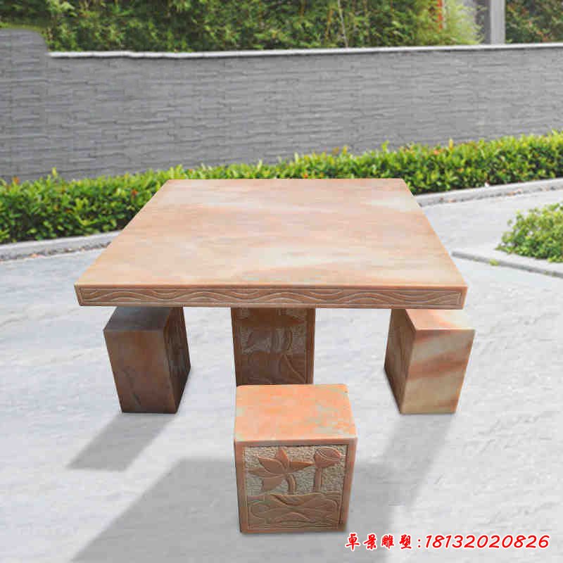 方桌方凳石雕，晚霞红桌椅