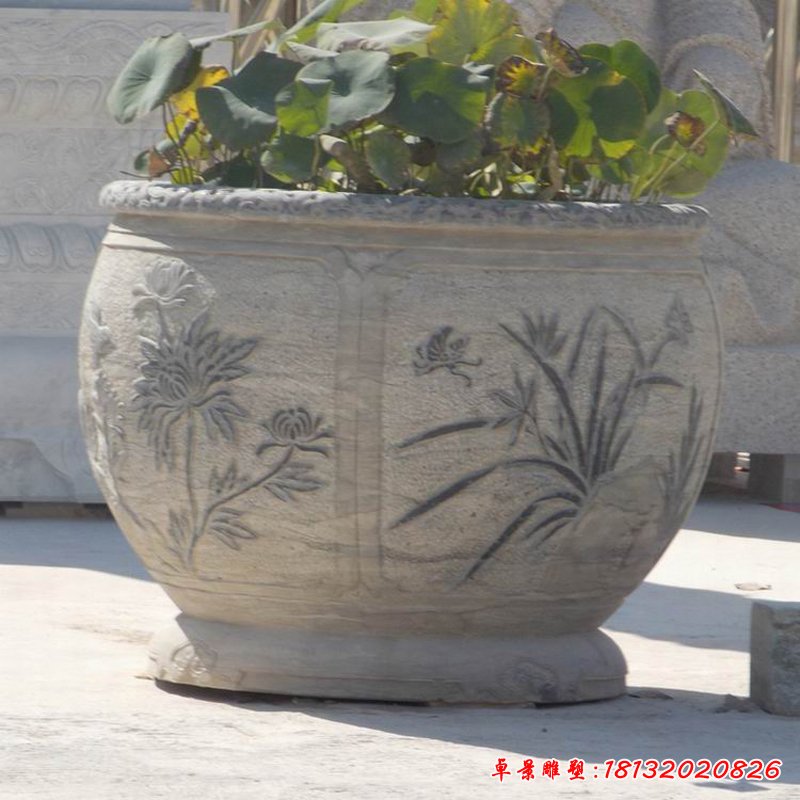 梅兰竹菊浮雕石水缸  公园仿古荷花缸石雕