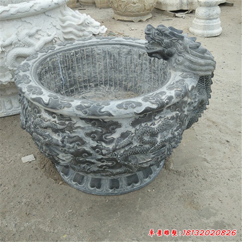 梅兰竹菊浮雕水缸 青石水缸石雕 (2)