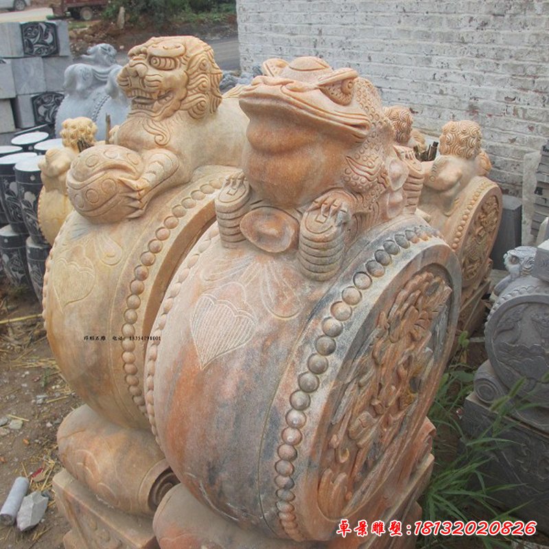 晚霞红石门墩雕塑，石雕抱鼓 (4)