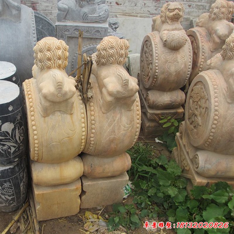 晚霞红石门墩雕塑，石雕抱鼓 (2)