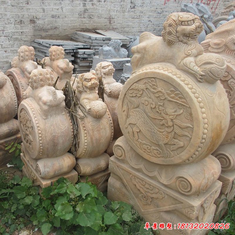 晚霞红石门墩雕塑，石雕抱鼓 (3)