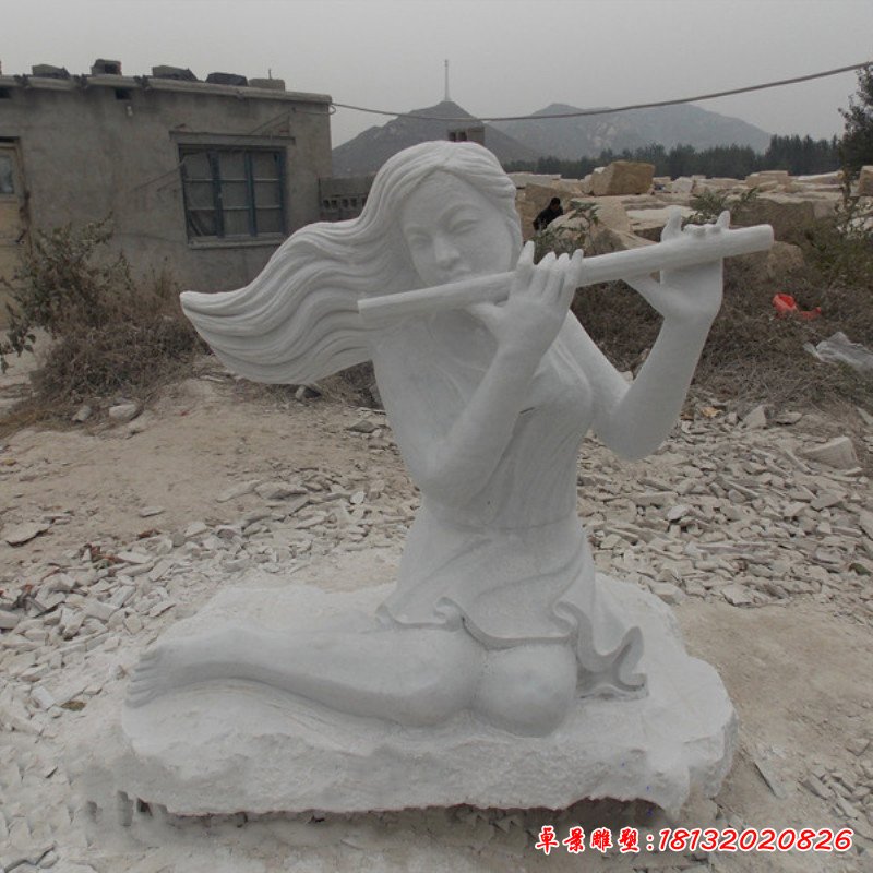 美女吹笛子雕塑，公园景观石雕