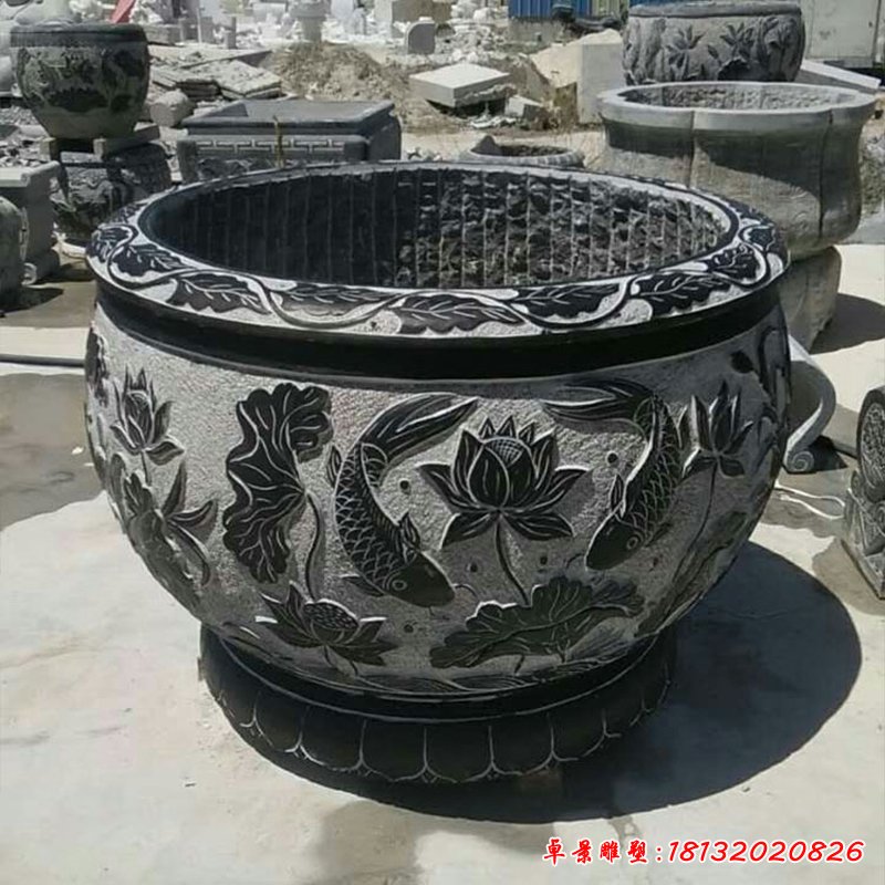鲤鱼荷花浮雕水缸 青石仿古水缸石雕 (8)