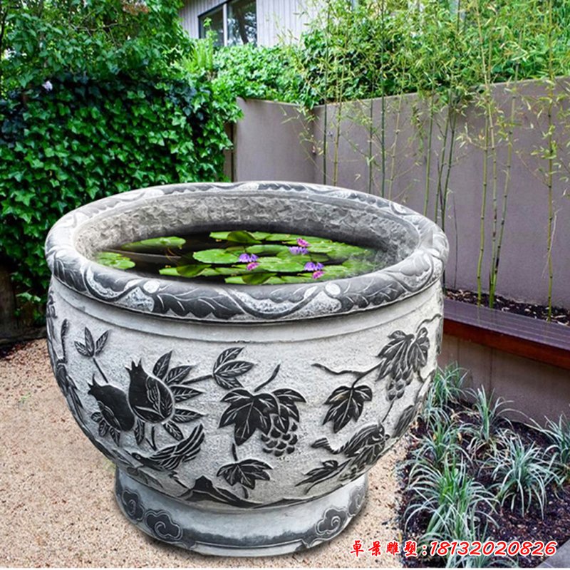 鲤鱼荷花浮雕水缸 青石仿古水缸石雕 8