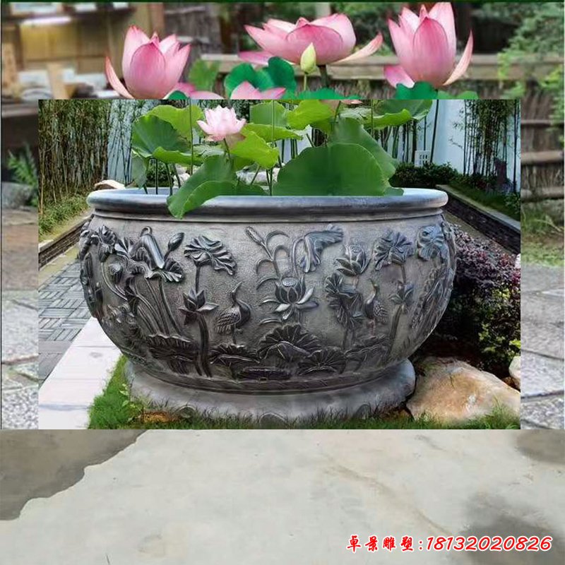 鲤鱼荷花浮雕水缸 青石仿古水缸石雕 (9)