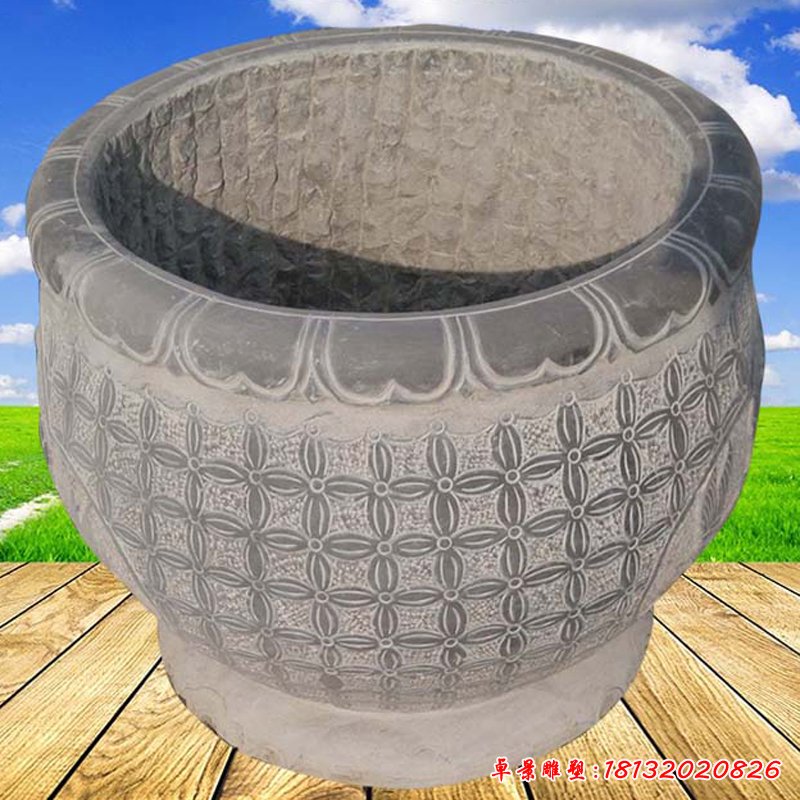 鲤鱼荷花浮雕水缸 青石仿古水缸石雕  (3)