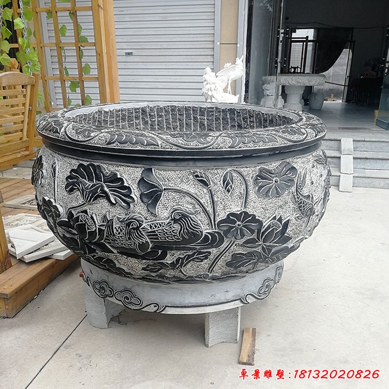 鲤鱼荷花浮雕水缸 青石仿古水缸石雕  (21)