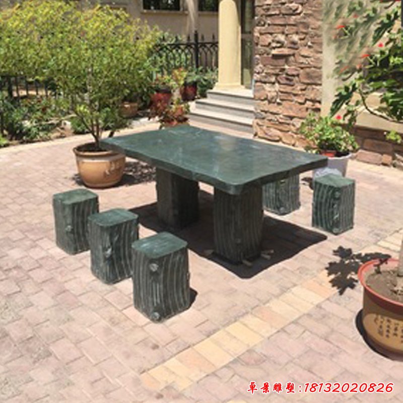 仿木头桌凳石雕，公园方形桌凳石雕 (4)