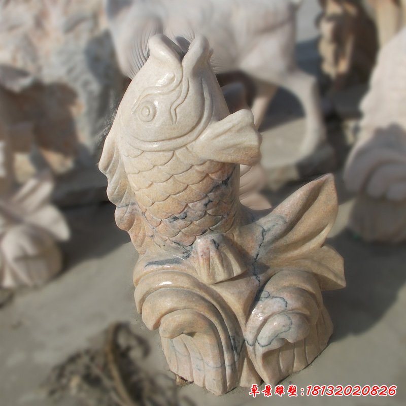 喷泉鱼石雕，晚霞红石雕鱼 (4)