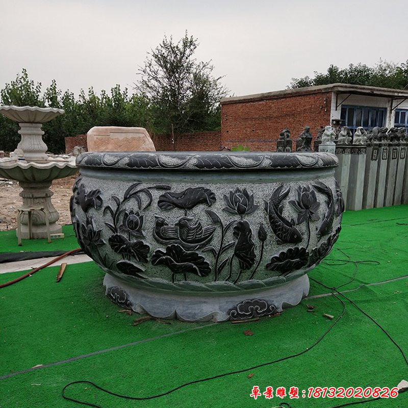 鲤鱼荷花浮雕水缸 青石仿古水缸石雕 (1)