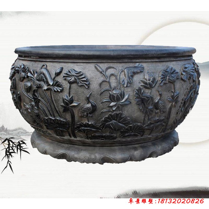 鲤鱼荷花浮雕水缸 青石仿古水缸石雕  (9)