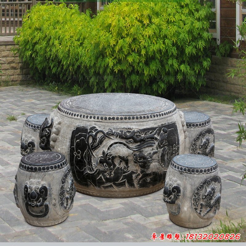 大鼓形石桌凳，园林景观石雕