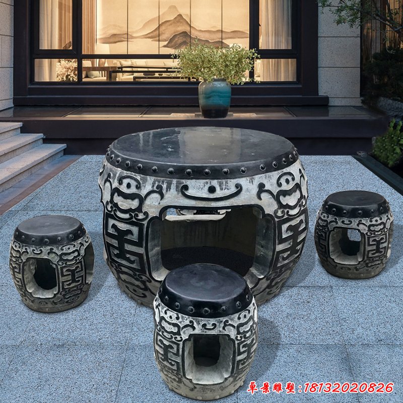 大鼓形石桌凳，庭院景观石雕