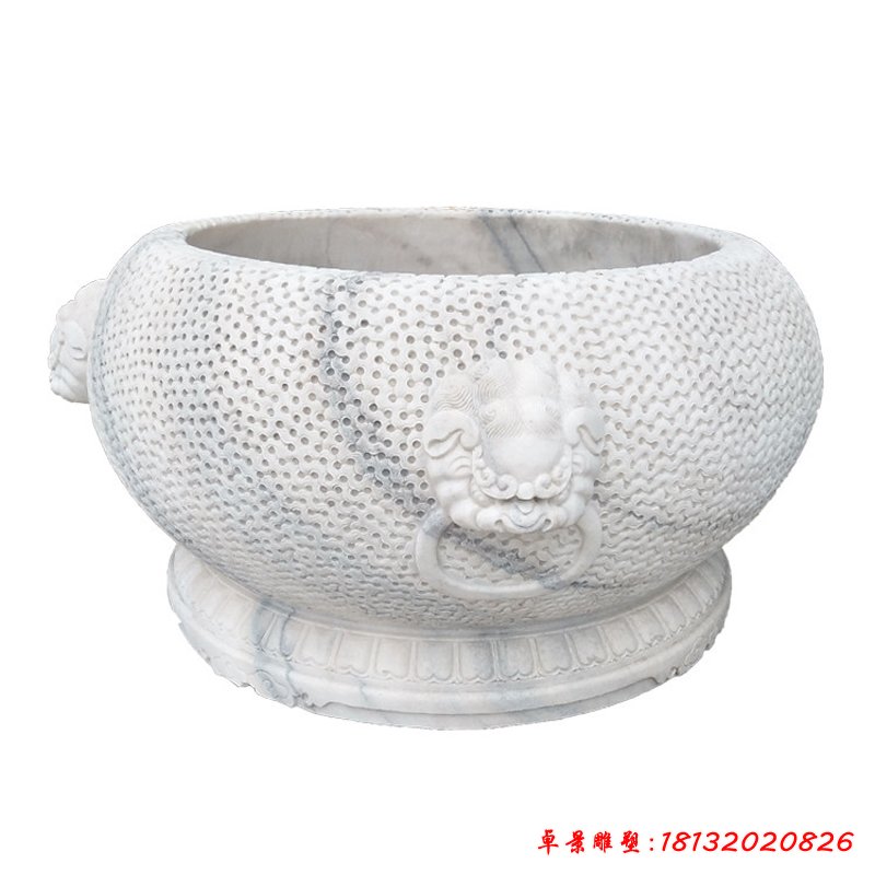 狴犴浮雕水缸 庭院圆形荷花缸石雕 (2)