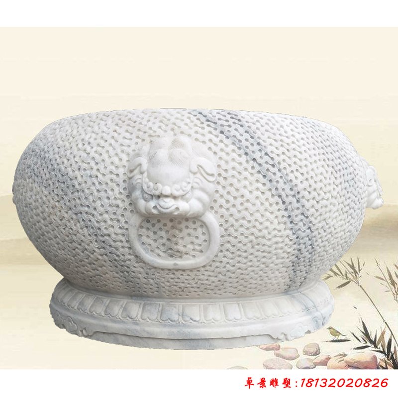 狴犴浮雕水缸 庭院圆形荷花缸石雕
