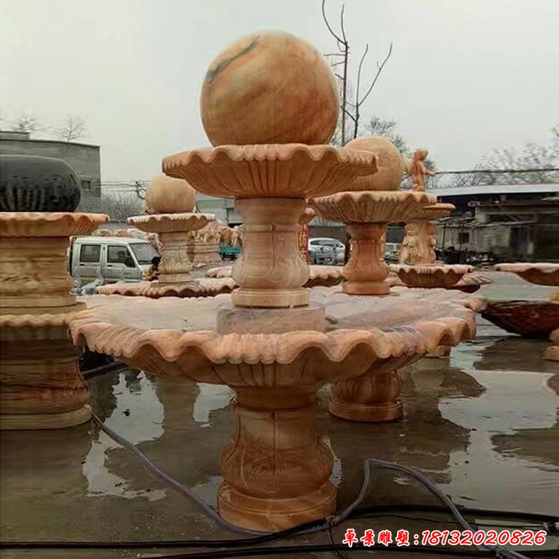 时来运转风水球石雕 晚霞红双层风水球喷泉 (4)
