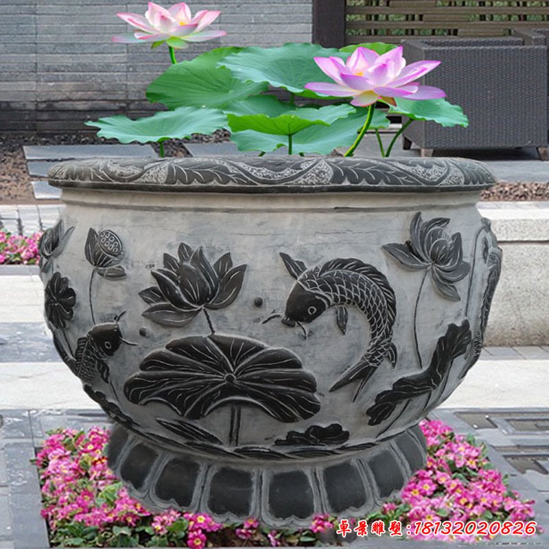 仿古石雕花盆鱼缸荷叶缸批发仿古青石圆形鱼缸汉白玉花盆鱼缸摆件121200