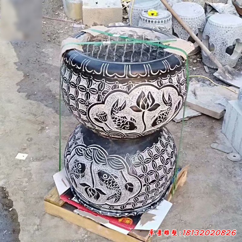 仿古石雕水缸，荷花鱼浮雕水缸 (1)