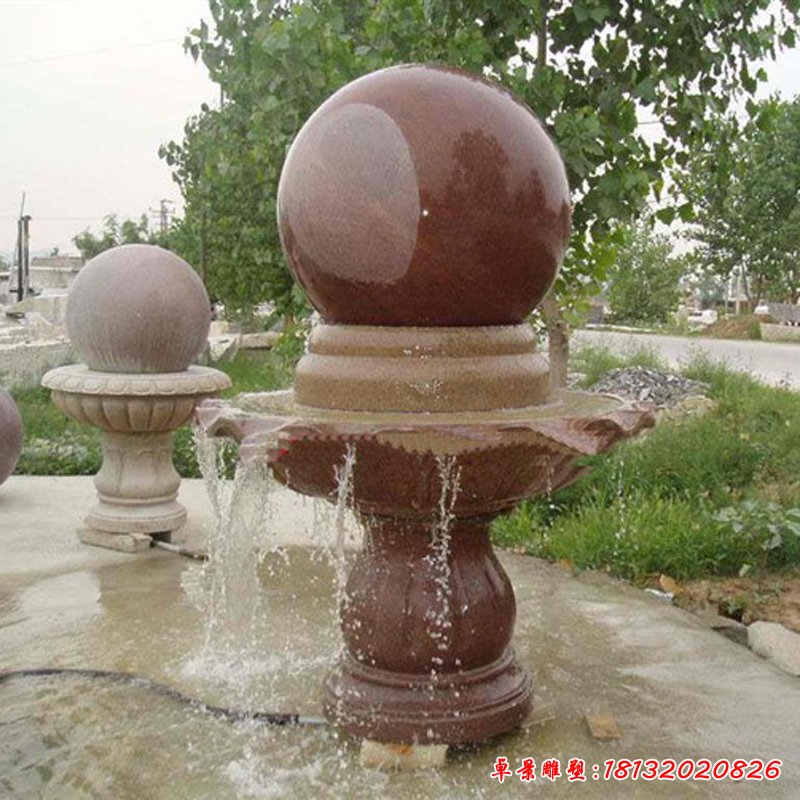 风水球石雕，晚霞红风水球喷泉石雕 (2)