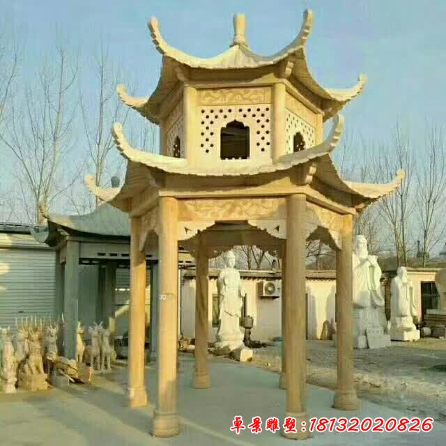 晚霞红石雕双层凉亭 (2)