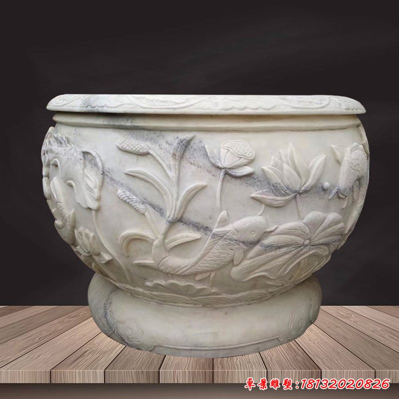 大理石鲤鱼石浮雕水缸雕塑，公园景观摆件