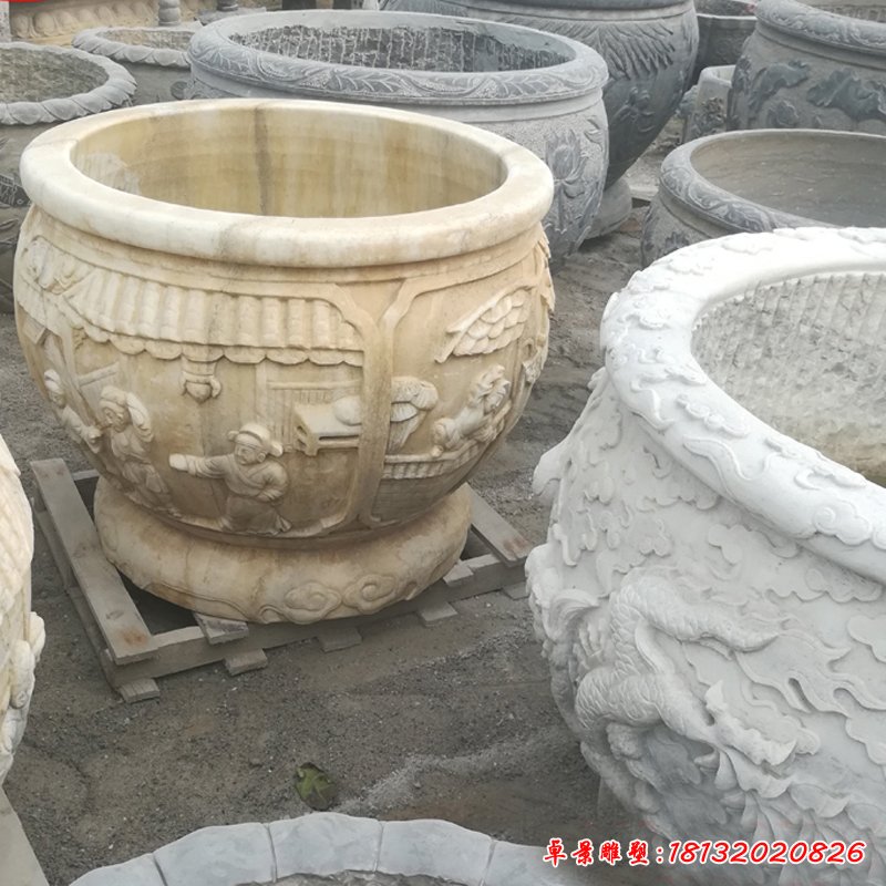 大理石鲤鱼水缸   石雕小区摆件