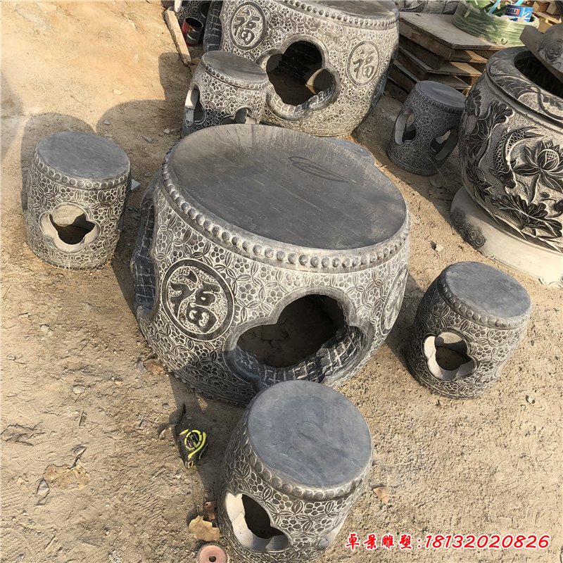 公园景观石雕，福字仿鼓形圆桌凳