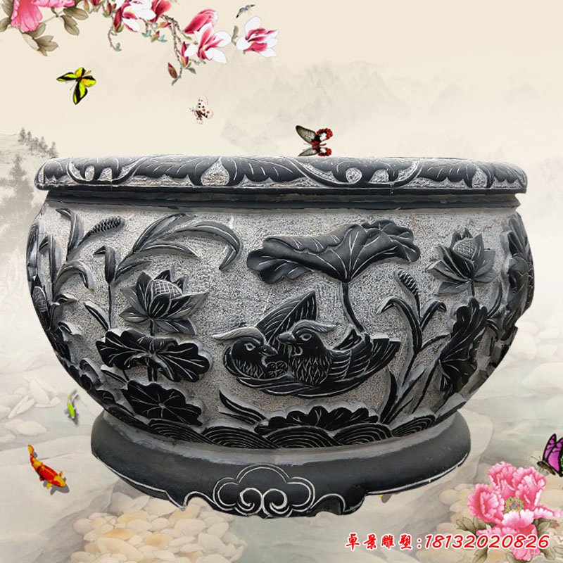 青石鲤鱼水缸  石雕公园景观雕塑 (2)