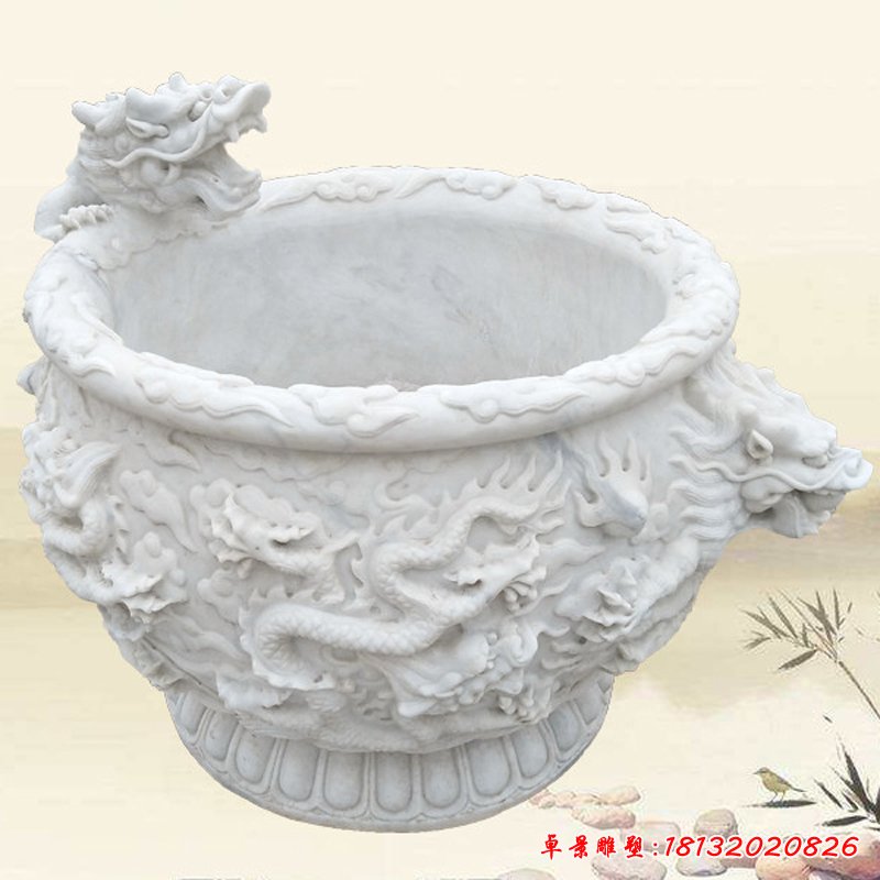 汉白玉龙浮雕荷花缸 庭院石雕水缸 (2)