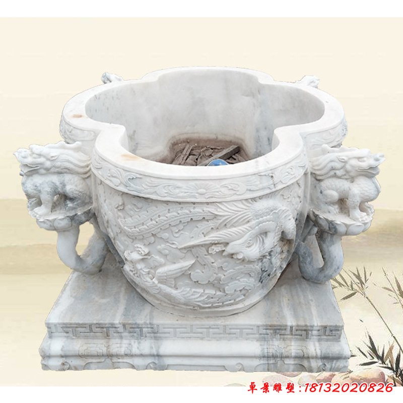 汉白玉龙浮雕荷花缸 庭院石雕水缸 (3)