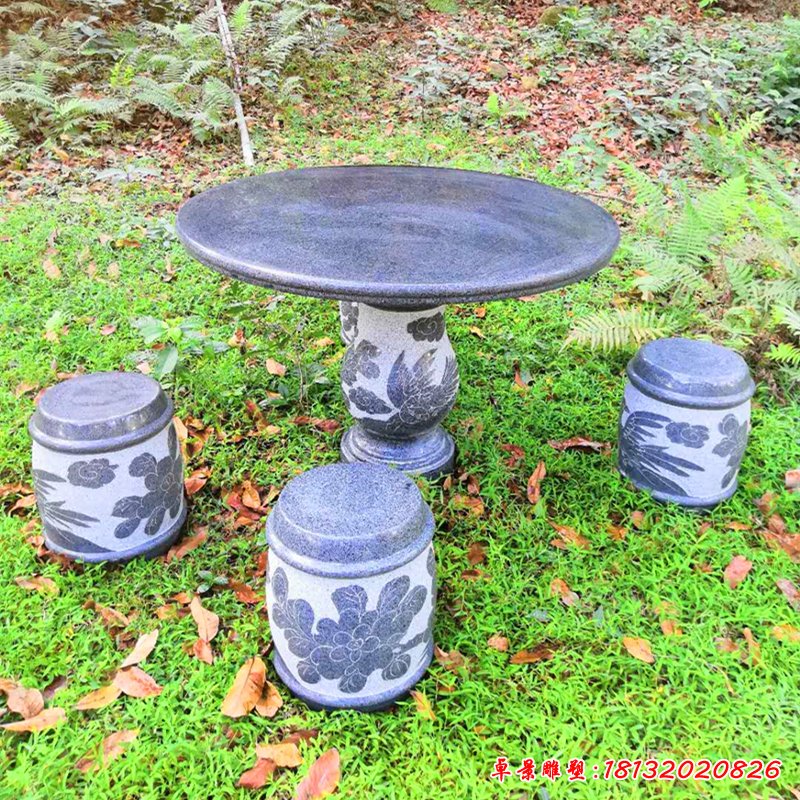 凤凰牡丹浮雕桌凳，公园石雕圆桌凳